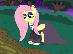 Size: 1600x1200 | Tagged: safe, artist:amateur-draw, fluttershy, pegasus, pony, g4, clothes, dress, female, fluttergoth, goth, mare, mud, mud bath, mud play, muddy, night, quicksand, show accurate, solo, wet and messy