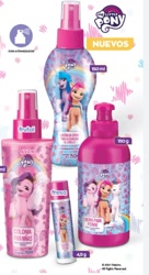 Size: 600x1103 | Tagged: safe, izzy moonbow, pipp petals, sunny starscout, zipp storm, earth pony, pegasus, pony, unicorn, g5, official, cream, female, lotion, mare, merchandise, my little pony logo, perfume, spanish, spray can