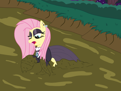 Size: 1600x1200 | Tagged: safe, artist:amateur-draw, fluttershy, pegasus, pony, g4, clothes, dress, female, fluttergoth, gothic, mare, mud, mud bath, mud play, muddy, night, quicksand, show accurate, solo, wet and messy