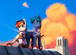 Size: 2500x1796 | Tagged: safe, artist:mrscroup, oc, oc only, oc:anja snow, oc:arclight, pegasus, pony, unicorn, assassin's creed, cathedral, cloud, duo, notre dame, paris, sky