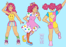 Size: 3600x2570 | Tagged: safe, artist:show-a-bit-of-teeth, pinkie pie, human, g4, alternate hairstyle, belt, blue background, boots, bracelet, clothes, dress, female, flats, grin, high res, humanized, jewelry, midriff, mismatched socks, one eye closed, peace sign, shirt, shoes, shorts, simple background, smiling, sneakers, socks, solo, stockings, striped socks, t-shirt, tank top, thigh highs, wink