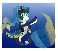 Size: 933x814 | Tagged: safe, artist:rosebud1903, oc, oc only, merpony, seapony (g4), blue background, fin wings, fish tail, flowing mane, flowing tail, gills, green eyes, ocean, open mouth, simple background, smiling, solo, tail, toy, underwater, water, wings