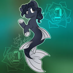 Size: 1024x1024 | Tagged: safe, artist:rosexknight, edit, oc, oc only, earth pony, merpony, pony, seapony (g4), brown eyes, commission, dorsal fin, fins, fish tail, flowing tail, green background, logo, logo edit, seaponified, signature, simple background, smiling, solo, species swap, tail