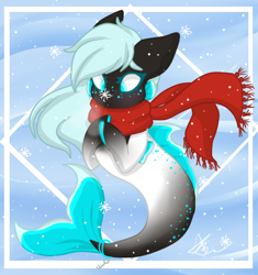 Size: 432x460 | Tagged: safe, artist:dabunno, oc, oc only, merpony, seapony (g4), blue background, blue eyes, blue mane, clothes, dorsal fin, fins, fish tail, flowing mane, flowing tail, open mouth, scarf, simple background, snow, solo, tail