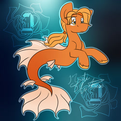 Size: 1024x1024 | Tagged: safe, artist:rosexknight, edit, oc, oc only, earth pony, merpony, pony, seapony (g4), commission, dorsal fin, female, fins, fish tail, flowing tail, green background, logo, logo edit, orange eyes, seaponified, signature, simple background, smiling, solo, species swap, tail