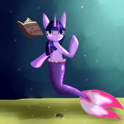 Size: 2449x2449 | Tagged: safe, artist:whisperingblue, twilight sparkle, merpony, pony, unicorn, g4, book, bubble, crepuscular rays, female, fish tail, flowing tail, high res, horn, looking at you, mermaid tail, purple eyes, sand, seaponified, seapony twilight, smiling, solo, species swap, sunlight, tail, underwater, water