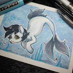 Size: 1280x1280 | Tagged: safe, artist:stardrawsponies, artist:starsheepsweaters, oc, oc only, merpony, seapony (g4), bubble, dorsal fin, fish tail, flowing tail, looking at you, ocean, photo, seaweed, solo, swimming, tail, traditional art, underwater, water, yellow eyes
