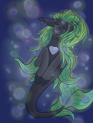 Size: 2136x2808 | Tagged: safe, artist:bunny-master, oc, oc only, merpony, seapony (g4), blue background, bubble, digital art, dorsal fin, female, fish tail, flowing mane, flowing tail, green mane, heart, high res, ocean, simple background, solo, swimming, tail, underwater, water