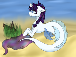 Size: 2048x1536 | Tagged: safe, artist:mako256, oc, oc only, earth pony, merpony, pony, seapony (g4), blue eyes, dorsal fin, fins, fish tail, flowing tail, ocean, open mouth, purple mane, sand, seaweed, solo, swimming, tail, underwater, water