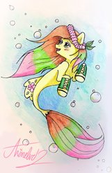 Size: 1691x2619 | Tagged: safe, artist:animelvr12, oc, oc only, earth pony, merpony, pony, seapony (g4), blushing, bubble, colored pupils, dorsal fin, female, fish tail, flower, flower in hair, flowing mane, flowing tail, green eyes, open mouth, seaponified, signature, simple background, smiling, solo, species swap, swimming, teeth, underwater, water