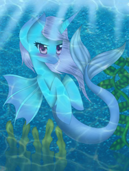 Size: 1536x2048 | Tagged: safe, artist:xx-anime-ut-trash-xx, oc, oc only, alicorn, merpony, pony, seapony (g4), blushing, crepuscular rays, female, fin wings, fish tail, flowing mane, flowing tail, horn, ocean, pink eyes, pink mane, seaponified, seaweed, smiling, solo, species swap, sunlight, tail, underwater, water, wings