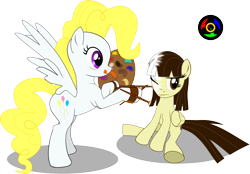 Size: 5899x4095 | Tagged: safe, artist:kyoshyu, surprise, wild fire, pegasus, pony, g4, absurd resolution, duo, duo female, female, mare, one eye closed, paintbrush, simple background, tongue out, transparent background