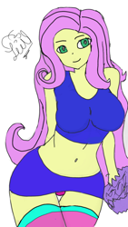 Size: 542x960 | Tagged: safe, artist:flutteryaylove, fluttershy, equestria girls, g4, belly button, big breasts, breasts, busty fluttershy, clothes, female, midriff, panties, pink underwear, skirt, smiling, solo, sports bra, underwear, upskirt