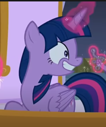 Size: 444x534 | Tagged: safe, screencap, twilight sparkle, alicorn, pony, between dark and dawn, g4, crazy face, cropped, faic, glowing horn, grin, horn, smiling, solo, twilight sparkle (alicorn)