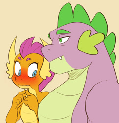 Size: 2353x2424 | Tagged: safe, artist:chub-wub, smolder, spike, dragon, g4, blushing, blushing profusely, dragoness, duo, eyes on the prize, female, gigachad spike, girl staring at guy's chest, high res, male, meme, older, older spike, pecs, ship:spolder, shipping, straight, wavy mouth