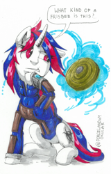 Size: 911x1426 | Tagged: safe, artist:porcelain eyepiece, oc, oc:snowi, pony, unicorn, fallout equestria, biohazard sign, blue hair, clothes, fallout, female, female oc, full body, hooves, horn, jumpsuit, landmine, magic, magic aura, mare, multicolored mane, not blackjack, pony oc, red and blue, red eyes, red hair, sitting, solo, tail, telekinesis, thinking, this will end in death, this will not end well, traditional art, unicorn oc, vault security armor, vault suit, white pony