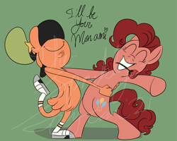 Size: 1917x1536 | Tagged: safe, artist:the-sparkly-spycar, pinkie pie, g4, bipedal, boyfriend and girlfriend, crossover, crossover shipping, dancing, duo, endangered love, eyes closed, female, flower, flower in mouth, green background, happy, having a moment, how romantic, interspecies, love, male, mon ami, mouth hold, pinker, request, romance, romantic, shipping, silly songs with pinkie, simple background, song reference, straight, sweet dreams fuel, tango, this will end in kisses, veggietales, wander (wander over yonder), wander over yonder