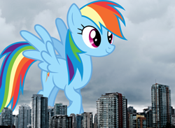 Size: 2999x2201 | Tagged: safe, artist:dashiesparkle, artist:thegiantponyfan, rainbow dash, pegasus, pony, g4, canada, female, giant pegasus, giant pony, giant rainbow dash, giantess, high res, highrise ponies, irl, macro, mare, mega giant, mega/giant rainbow dash, photo, ponies in real life, vancouver