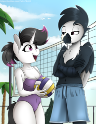 Size: 2480x3200 | Tagged: safe, artist:felixf, oc, oc only, oc:blitz, oc:hazel radiate, griffon, unicorn, anthro, anthro oc, belly button, clothes, commission, commissioner:biohazard, crossed arms, duo, eyebrows, eyelashes, female, griffon oc, heterochromia, high res, highlights, holding, horn, looking at each other, male, mare, one-piece swimsuit, open mouth, ponytail, sports, swimming trunks, swimsuit, unicorn oc, volleyball, volleyball net, ych result