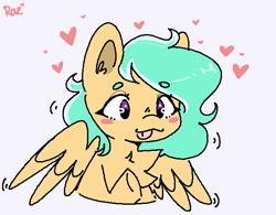 Size: 618x483 | Tagged: safe, artist:kokoaapuff, oc, oc only, oc:mango foalix, pegasus, pony, blushing, chest fluff, heart, solo, spread wings, wings