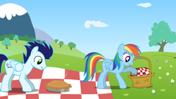 Size: 1920x1080 | Tagged: safe, artist:ursamanner, rainbow dash, soarin', pegasus, pony, g4, backwards cutie mark, basket, cloud, female, flower, food, grass, male, mare, mountain, picnic, picnic basket, picnic blanket, pie, poppy, ship:soarindash, shipping, show accurate, smiling, stallion, steam, straight, that pony sure does love pies, tongue out, tree