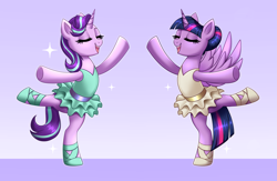 Size: 7665x5000 | Tagged: safe, artist:confetticakez, starlight glimmer, twilight sparkle, alicorn, pony, unicorn, a royal problem, g4, season 7, ballerina, ballet, ballet slippers, commission, duo, duo female, eyes closed, female, glimmerina, gradient background, mare, open mouth, open smile, patreon, patreon reward, purple background, simple background, smiling, standing, standing on one leg, tutu, twilarina, twilight sparkle (alicorn), your character here