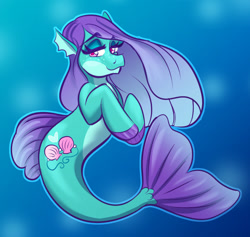 Size: 800x757 | Tagged: safe, artist:ryokonokalo, oc, oc only, earth pony, merpony, pony, seapony (g4), blue background, bubble, dorsal fin, eyelashes, female, fins, fish tail, flowing tail, lidded eyes, looking at you, ocean, purple eyes, purple mane, seaponified, simple background, smiling, solo, species swap, swimming, tail, underwater, water