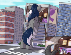 Size: 5000x3864 | Tagged: safe, artist:eisky, oc, oc:blitz streak, oc:defender, oc:eis, oc:skylar palette, oc:swift, hippogriff, human, pegasus, pony, sphinx, sphinx pony, :o, broken glass, building, city, glass, hippogriff oc, macro, open mouth, sphinx oc, surprised, talons