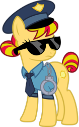 Size: 1941x3090 | Tagged: safe, artist:blah23z, copper top, sunset shimmer, pony, g4, cuffs, female, hat, necktie, palette swap, police, police officer, police uniform, recolor, solo, sunglasses