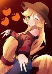 Size: 2894x4093 | Tagged: safe, artist:erufi, applejack, human, g4, blushing, cute, floating heart, heart, humanized, jackabetes, looking at you, one eye closed, smiling, solo, wink, winking at you