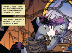 Size: 543x397 | Tagged: safe, artist:tony fleecs, idw, official comic, shadow lock, pony, unicorn, g4, spoiler:comic53, cloak, clothes, male, mirror, reflection, scared, solo, stallion