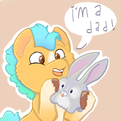Size: 1100x1100 | Tagged: safe, artist:apatheticxaddict, hitch trailblazer, earth pony, pony, rabbit, g5, my little pony: a new generation, animal, colored pupils, critter magnet, cute, dialogue, happy, hilarious in hindsight, hitchbetes, male, stallion, text, tongue out, unshorn fetlocks