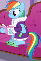 Size: 2675x4000 | Tagged: safe, artist:frownfactory, rainbow dash, pegasus, pony, applejack's "day" off, g4, season 6, bathrobe, book, clothes, couch, cute, dashabetes, female, mare, reading, robe, show accurate, sitting, slippers, smiling, solo, tank slippers, vector, wings