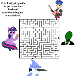 Size: 1247x1244 | Tagged: safe, flash sentry, twilight sparkle, oc, oc:anon, alicorn, pony, g4, labyrinth, male, maze game, meme, mordecai, regular show, text, twilight sparkle (alicorn), waifu thief