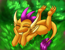 Size: 1400x1100 | Tagged: safe, artist:zachc, smolder, dragon, g4, claws, cute, dragoness, female, grass, lying down, prone, smiling, smolderbetes, solo, the pose
