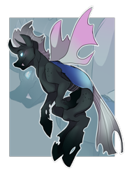 Size: 2300x3000 | Tagged: artist needed, safe, derpibooru exclusive, oc, oc only, oc:identity crisis, changeling, changeling oc, commission, fangs, flying, high res, simple background, smiling, solo, transparent background