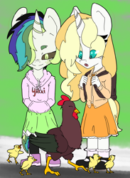 Size: 1848x2528 | Tagged: safe, artist:2hrnap, oc, oc only, oc:dyxkrieg, oc:gaia, alicorn, bird, chicken, anthro, plantigrade anthro, alicorn oc, anthro oc, backpack, clothes, eyes closed, fangs, female, hair over one eye, half-siblings, hoodie, horn, looking down, magical lesbian spawn, multiple parents, offspring, open mouth, parent:oc:apogee, parent:oc:dyx, parent:oc:filly anon, parent:oc:luftkrieg, parent:oc:nyx, parent:oc:zala, parents:oc x oc, ponybooru import, siblings, sisters, skirt, smiling, wings