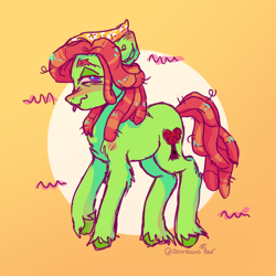 Size: 628x628 | Tagged: safe, artist:zowzowo, tree hugger, earth pony, pony, g4, colorful, fluffy, profile, simple background, solo, tongue out, unshorn fetlocks, wavy mouth