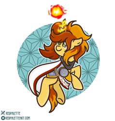 Size: 872x916 | Tagged: safe, artist:redpalette, oc, oc:solar sands, pony, unicorn, abstract background, armor, cape, clothes, cute, dungeons and dragons, fire, horn, magic, smiling, unicorn oc