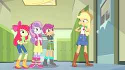 Size: 3410x1920 | Tagged: safe, screencap, apple bloom, applejack, scootaloo, sweetie belle, equestria girls, g4, happily ever after party, happily ever after party: applejack, my little pony equestria girls: better together, apple bloom's bow, applejack's hat, belt, boots, bow, clothes, cowboy boots, cowboy hat, crossed arms, cutie mark, cutie mark crusaders, cutie mark on clothes, denim skirt, female, geode of super strength, hair bow, hat, jewelry, magical geodes, necklace, shoes, skirt, smiling