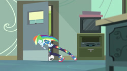 Size: 3410x1920 | Tagged: safe, screencap, rainbow dash, equestria girls, g4, happily ever after party, happily ever after party: rainbow dash, my little pony equestria girls: better together, chalkboard, clothes, converse, cutie mark, cutie mark on clothes, eyes closed, female, football, geode of super speed, hoodie, jewelry, magical geodes, necklace, shoes, sneakers, solo, sports, television