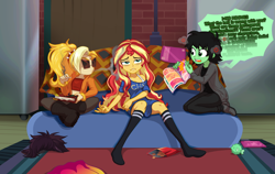 Size: 3974x2510 | Tagged: safe, artist:rileyav, sunset shimmer, oc, oc:dyx, oc:filly anon, equestria girls, g4, >no hooves, angry, bra, bra strap, clothes, comic book, couch, cross-popping veins, drugs, female, filly, frown, high res, joint, marijuana, partial nudity, sarong, second hand smoke, sitting, smoking, socks, stocking feet, stockings, striped socks, sunset's apartment, thigh highs, underwear, wig