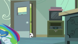 Size: 3410x1920 | Tagged: safe, screencap, rainbow dash, equestria girls, g4, happily ever after party, happily ever after party: rainbow dash, my little pony equestria girls: better together, my little pony equestria girls: choose your own ending, chalkboard, clothes, eyes closed, female, football, hoodie, shoes, sneakers, solo, sports, television