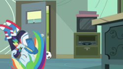 Size: 3410x1920 | Tagged: safe, screencap, rainbow dash, equestria girls, g4, happily ever after party, happily ever after party: rainbow dash, my little pony equestria girls: better together, chalkboard, clothes, converse, cutie mark, cutie mark on clothes, eyes closed, female, football, hoodie, shoes, sneakers, solo, sports, television