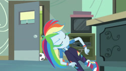 Size: 3410x1920 | Tagged: safe, screencap, rainbow dash, equestria girls, g4, happily ever after party, happily ever after party: rainbow dash, my little pony equestria girls: better together, chalkboard, clothes, converse, cutie mark, cutie mark on clothes, eyes closed, female, football, geode of super speed, hoodie, jewelry, magical geodes, necklace, shoes, sneakers, solo, sports, television