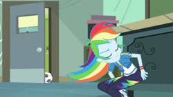 Size: 3410x1920 | Tagged: safe, screencap, rainbow dash, equestria girls, g4, happily ever after party, happily ever after party: rainbow dash, my little pony equestria girls: better together, chalkboard, clothes, cutie mark, cutie mark on clothes, eyes closed, female, football, hoodie, shoes, sneakers, solo, sports, television