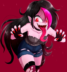 Size: 1500x1600 | Tagged: safe, artist:the-butch-x, oc, oc only, oc:zoe star pink, vampire, equestria girls, g4, bare shoulders, blood, breasts, evil, evil grin, female, grin, long tongue, looking at you, nail polish, open mouth, sharp teeth, sleeveless, smiling, solo, strapless, teeth, this will end in pain, tongue out