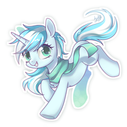 Size: 1160x1160 | Tagged: safe, artist:longfeather, derpibooru exclusive, oc, oc only, oc:frosty illusion, pony, unicorn, blank flank, clothes, female, glossy, looking at you, prancing, scarf, simple background, solo, sparkling mane, sparkly eyes, white background, wingding eyes