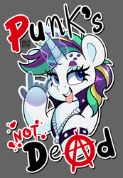 Size: 2719x3937 | Tagged: safe, alternate version, artist:partypievt, rarity, pony, unicorn, g4, alternate design, alternate hairstyle, eye clipping through hair, eyebrows, eyebrows visible through hair, hand, high res, magic, magic hands, punk, raripunk, redraw, simple background, solo, text, tongue out