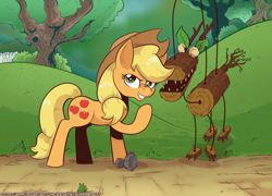 Size: 1800x1293 | Tagged: safe, artist:saturdaymorningproj, applejack, earth pony, pony, g4, spike at your service, damsel in distress, female, grin, mare, puppet, scene interpretation, smiling, solo, timber wolf puppet